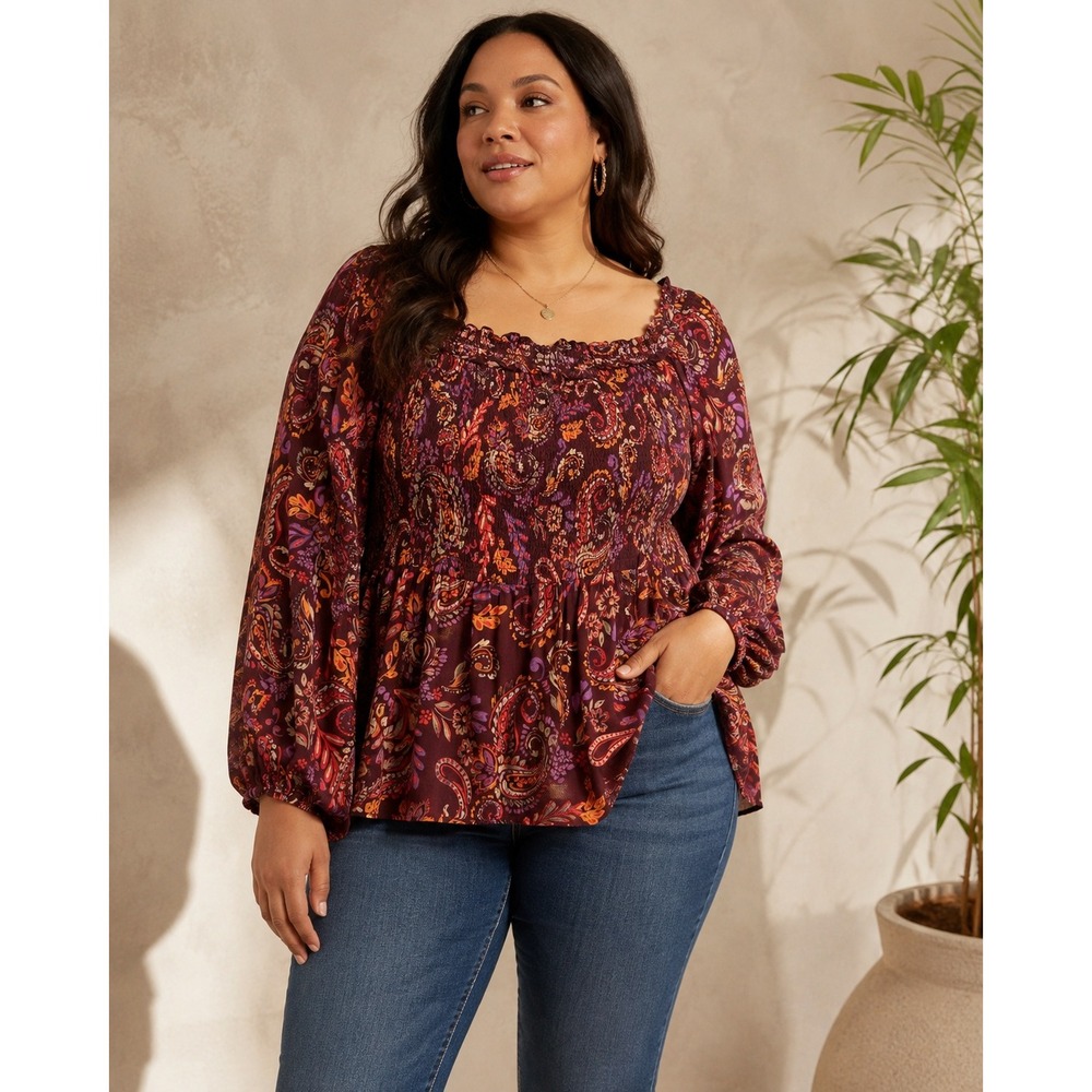 St. John's Bay 1X Paisley Peasant Blouse Boho Smocked Burgundy Purple